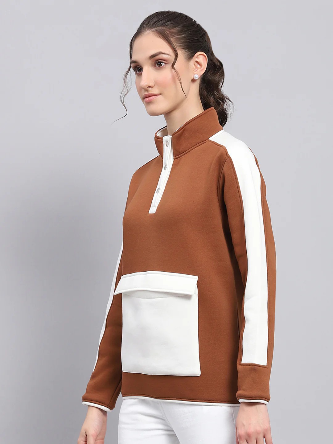 Rock.it Women Brown Solid Mock Neck Full Sleeve Sweatshirt - Image 3