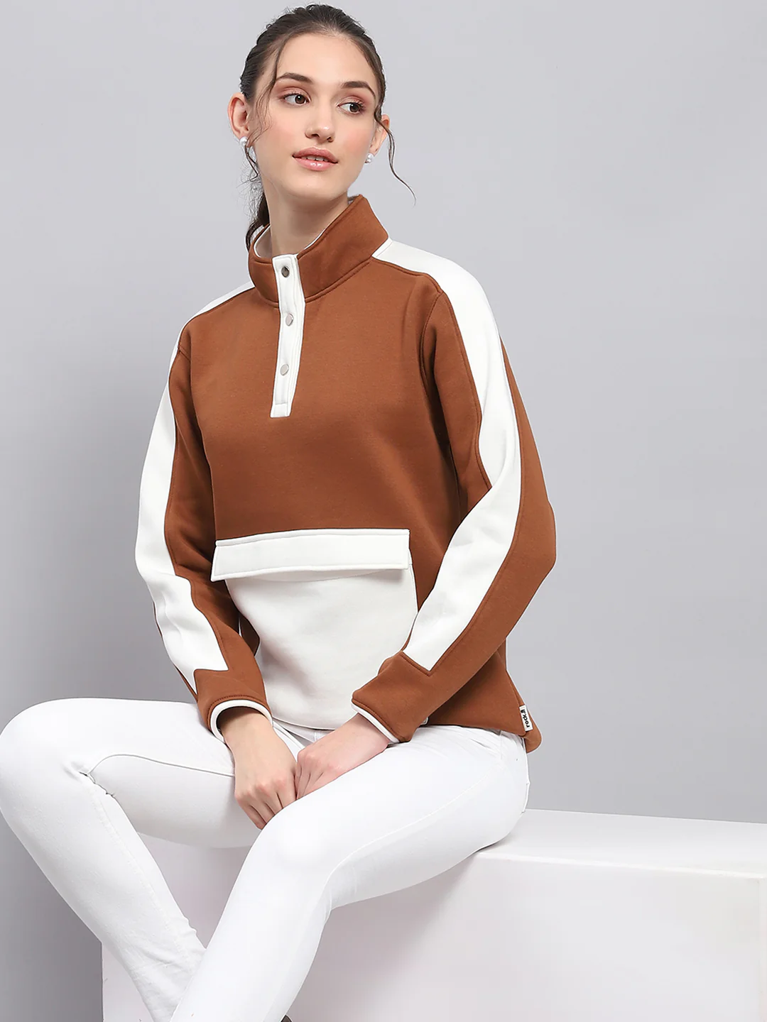 Rock.it Women Brown Solid Mock Neck Full Sleeve Sweatshirt - Image 6