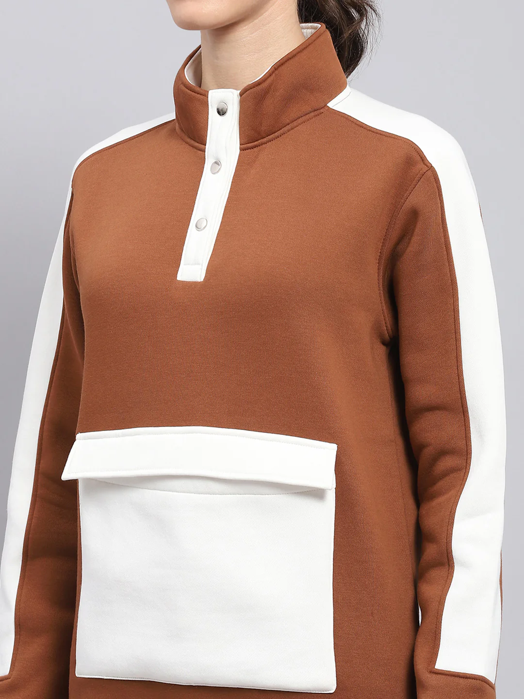 Rock.it Women Brown Solid Mock Neck Full Sleeve Sweatshirt - Image 7