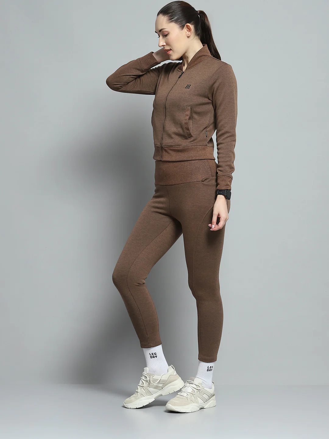 Rock.it Women Brown Solid Mock Neck Full Sleeve Tracksuit - Image 3