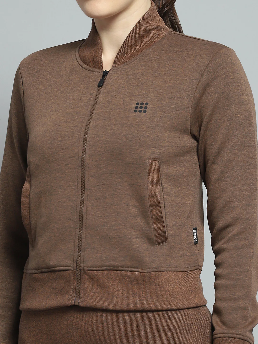 Rock.it Women Brown Solid Mock Neck Full Sleeve Tracksuit - Image 7