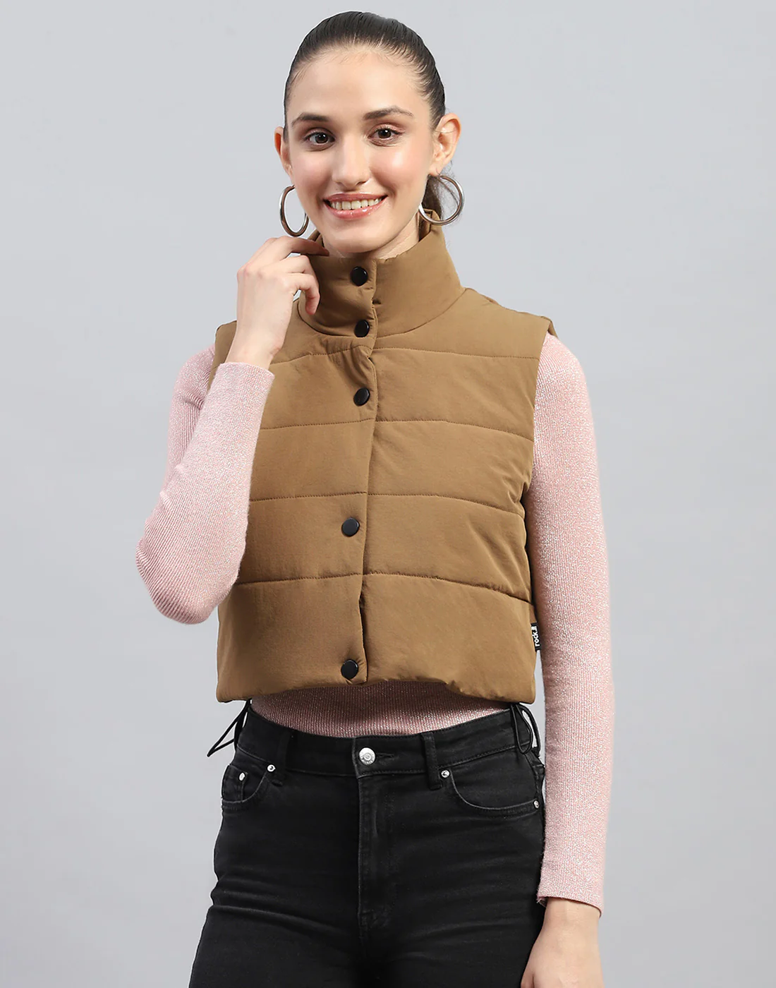 Rock.it Women Brown Solid Mock Neck Sleeveless Jacket - Image 2