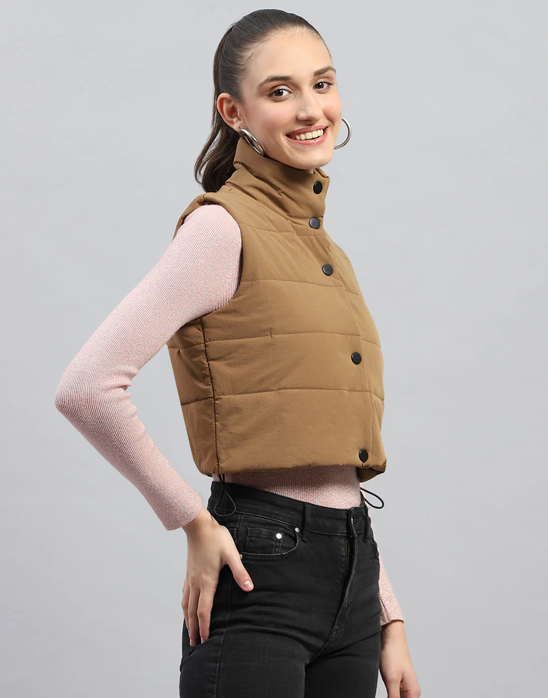 Rock.it Women Brown Solid Mock Neck Sleeveless Jacket - Image 4