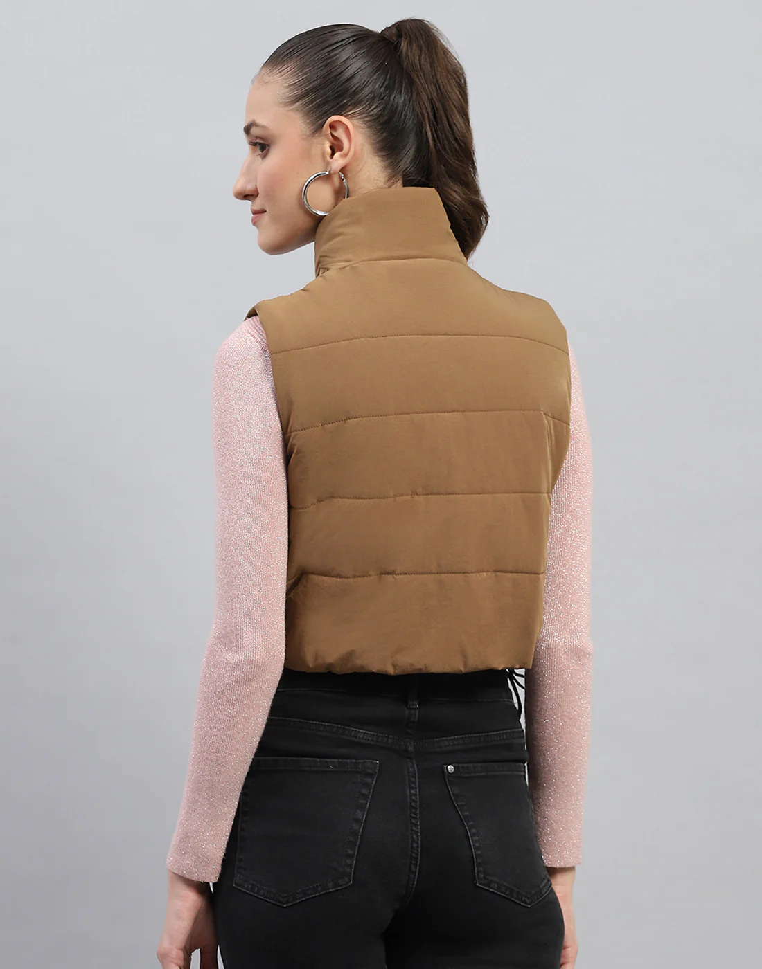 Rock.it Women Brown Solid Mock Neck Sleeveless Jacket - Image 5