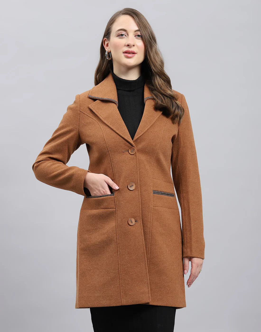 Women Brown Solid Notch Lapel Collar Full Sleeve Coat - Image 2