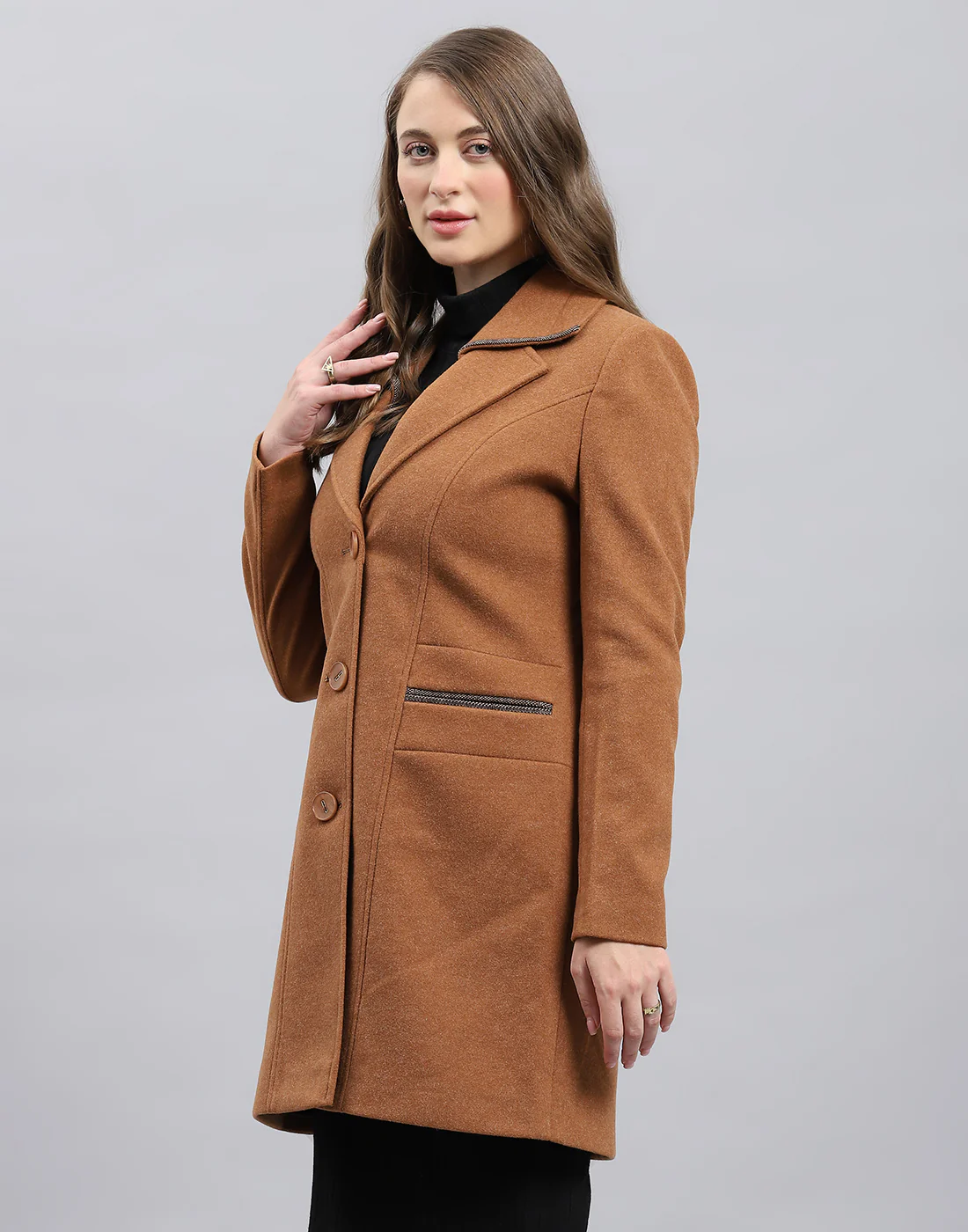 Women Brown Solid Notch Lapel Collar Full Sleeve Coat - Image 3