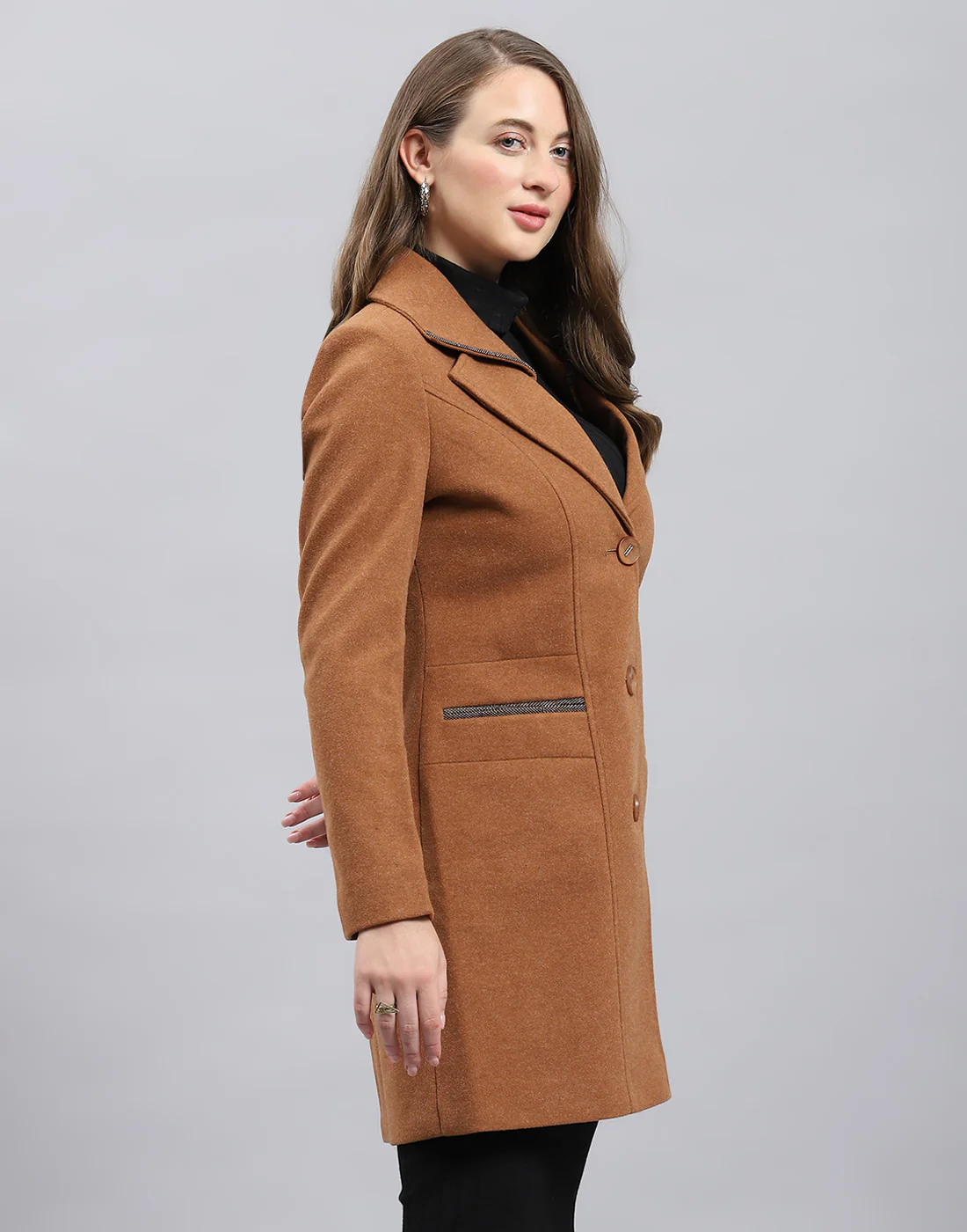 Women Brown Solid Notch Lapel Collar Full Sleeve Coat - Image 4