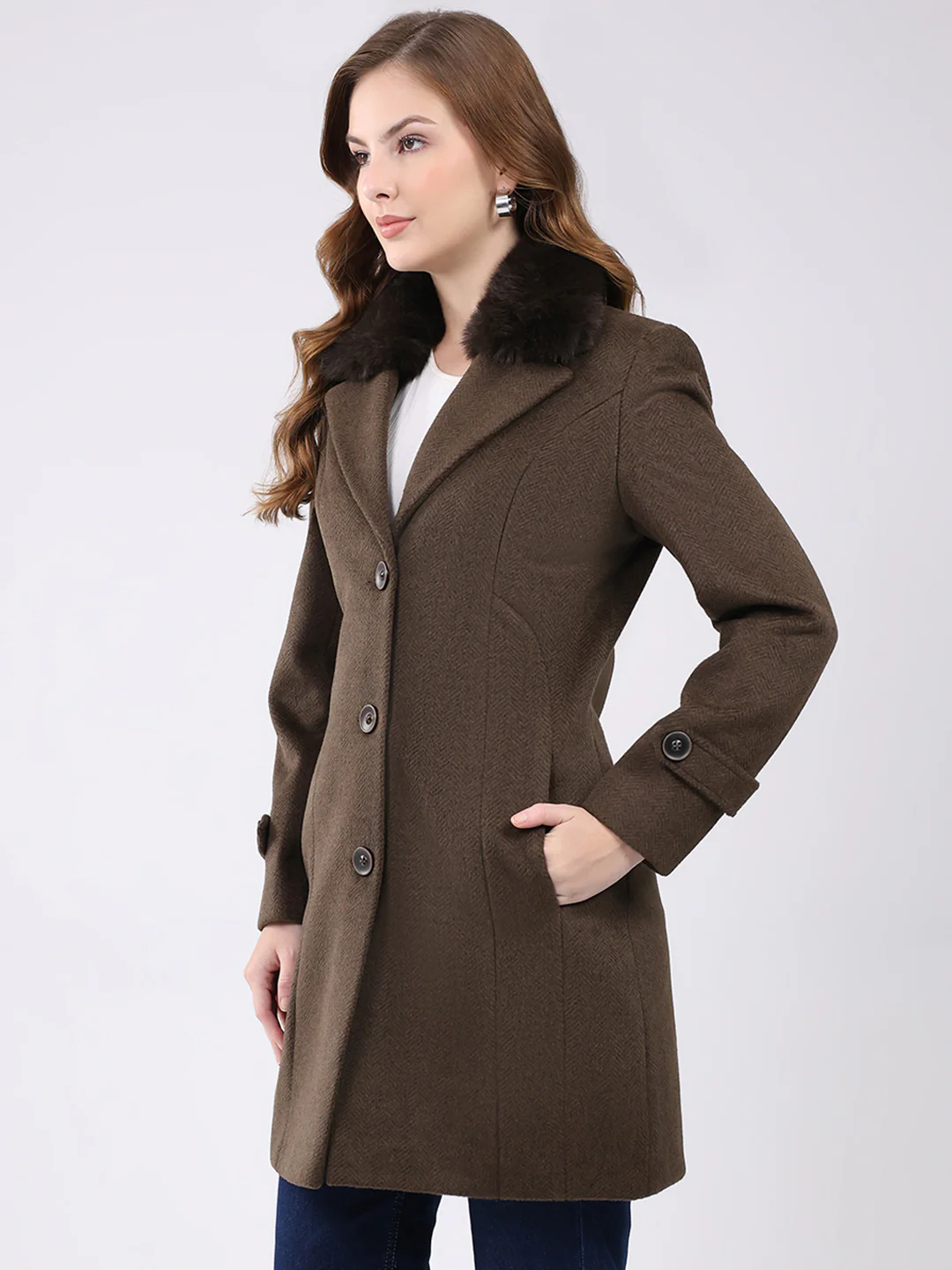 Women Brown Solid Notch Lapel Collar Full Sleeve Coat - Image 6