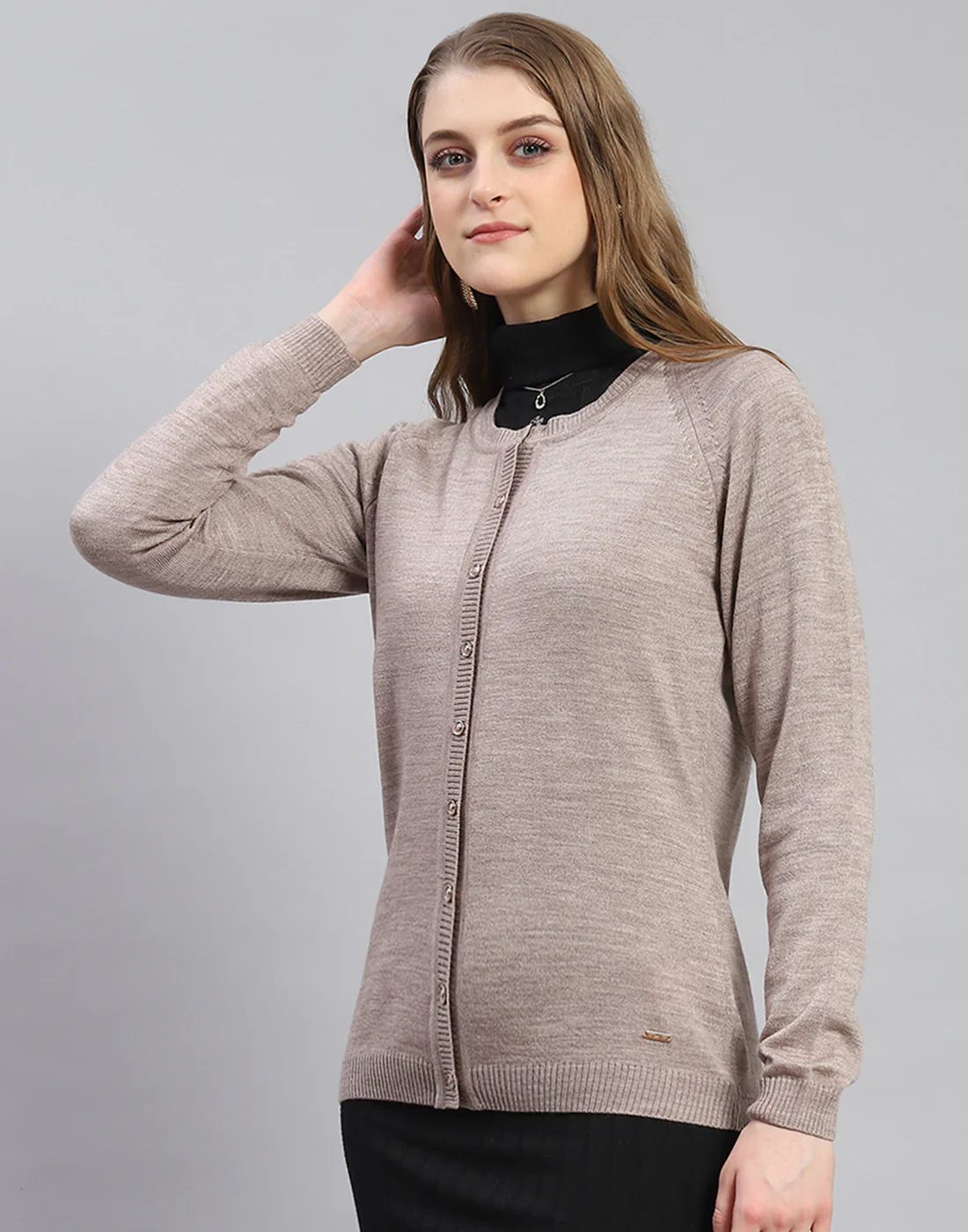 Women Brown Solid Round Neck Full Sleeve Cardigan - Image 3