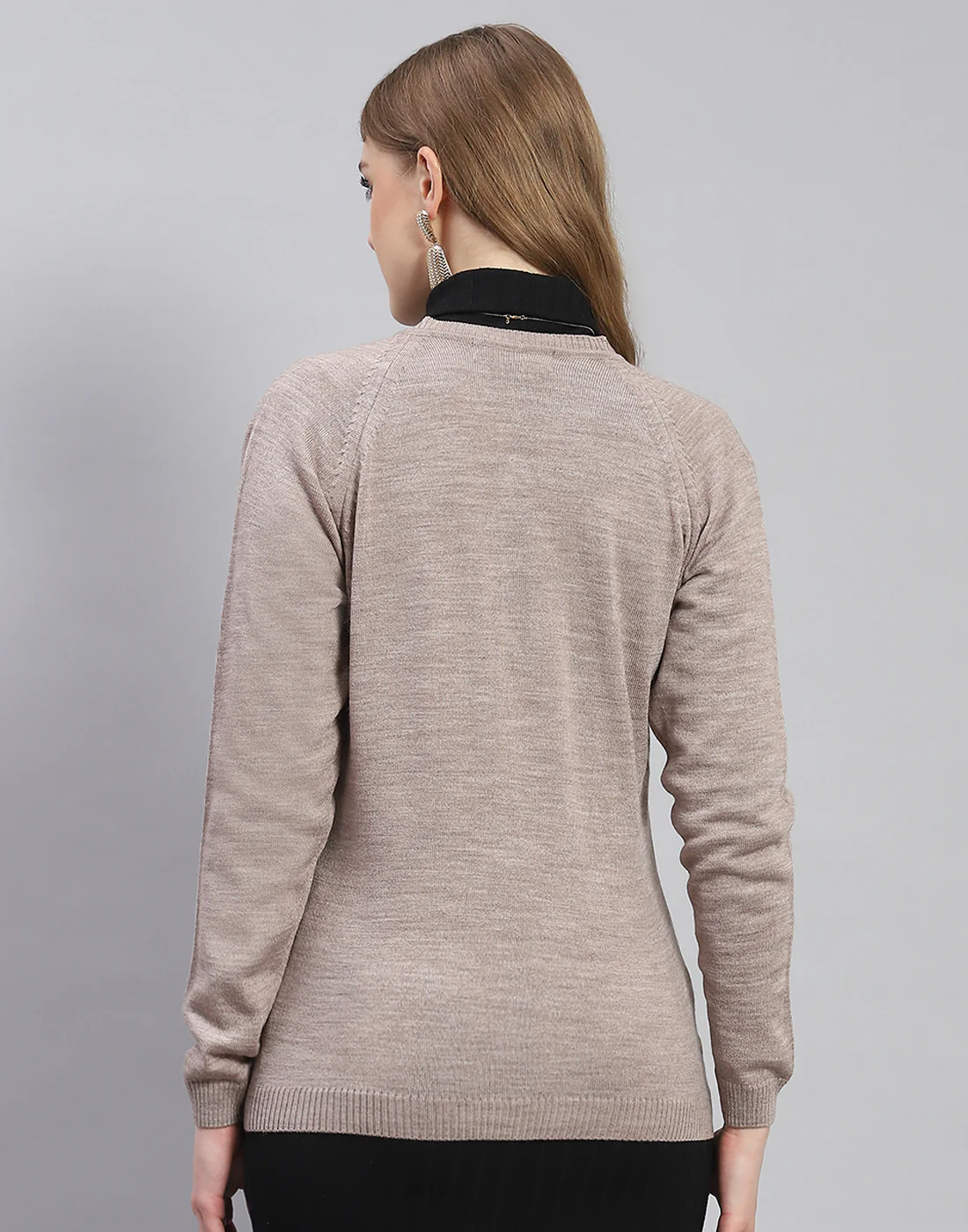 Women Brown Solid Round Neck Full Sleeve Cardigan - Image 5