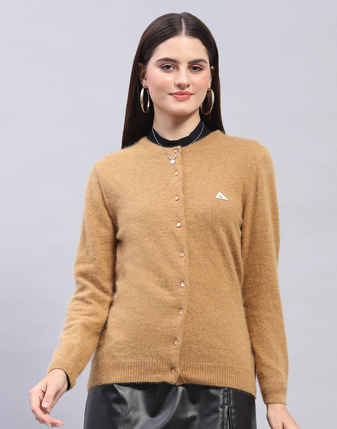 Women Brown Solid Round Neck Full Sleeve Cardigan - Image 2