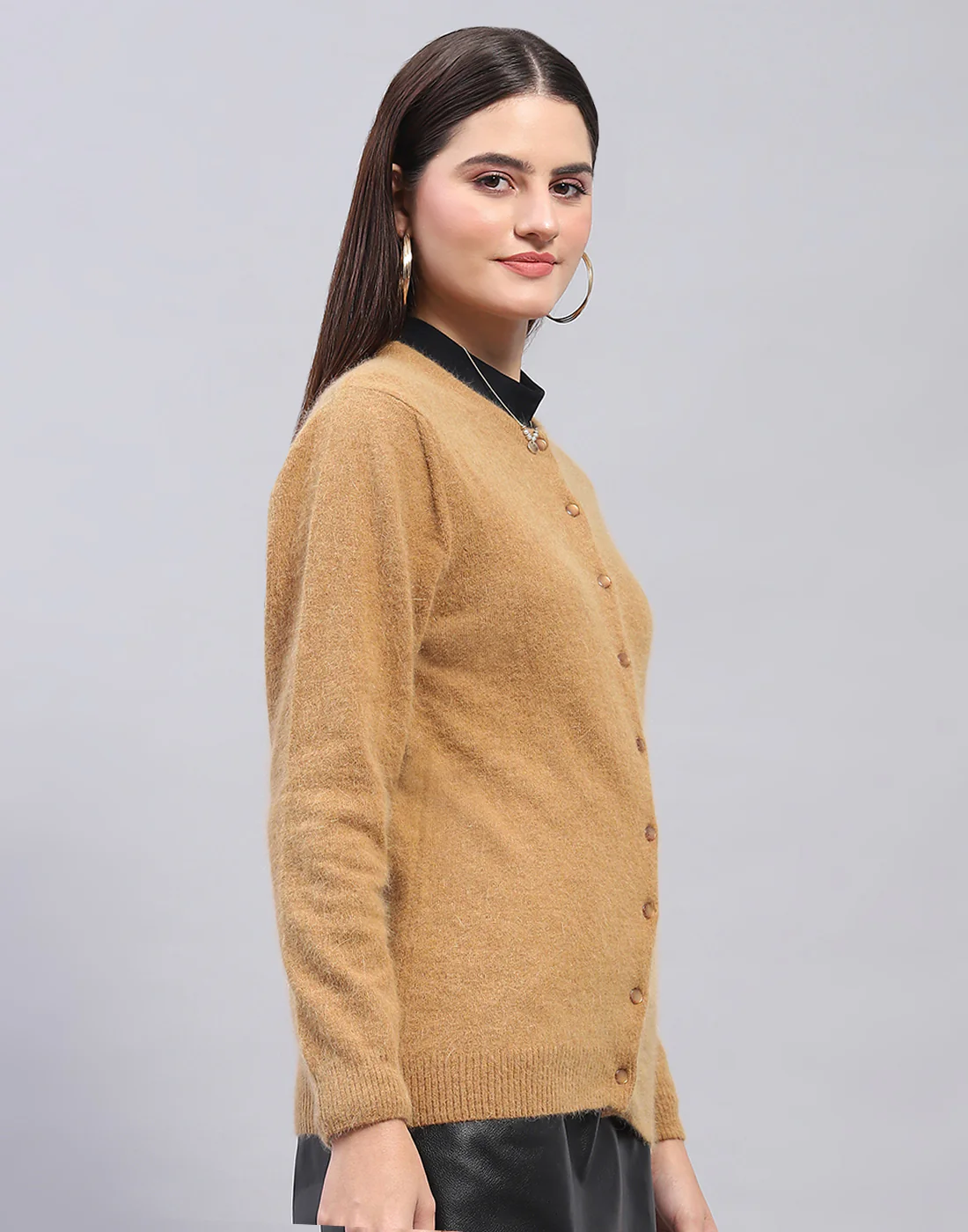 Women Brown Solid Round Neck Full Sleeve Cardigan - Image 4