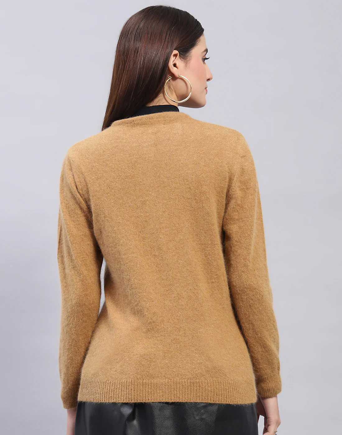 Women Brown Solid Round Neck Full Sleeve Cardigan - Image 5