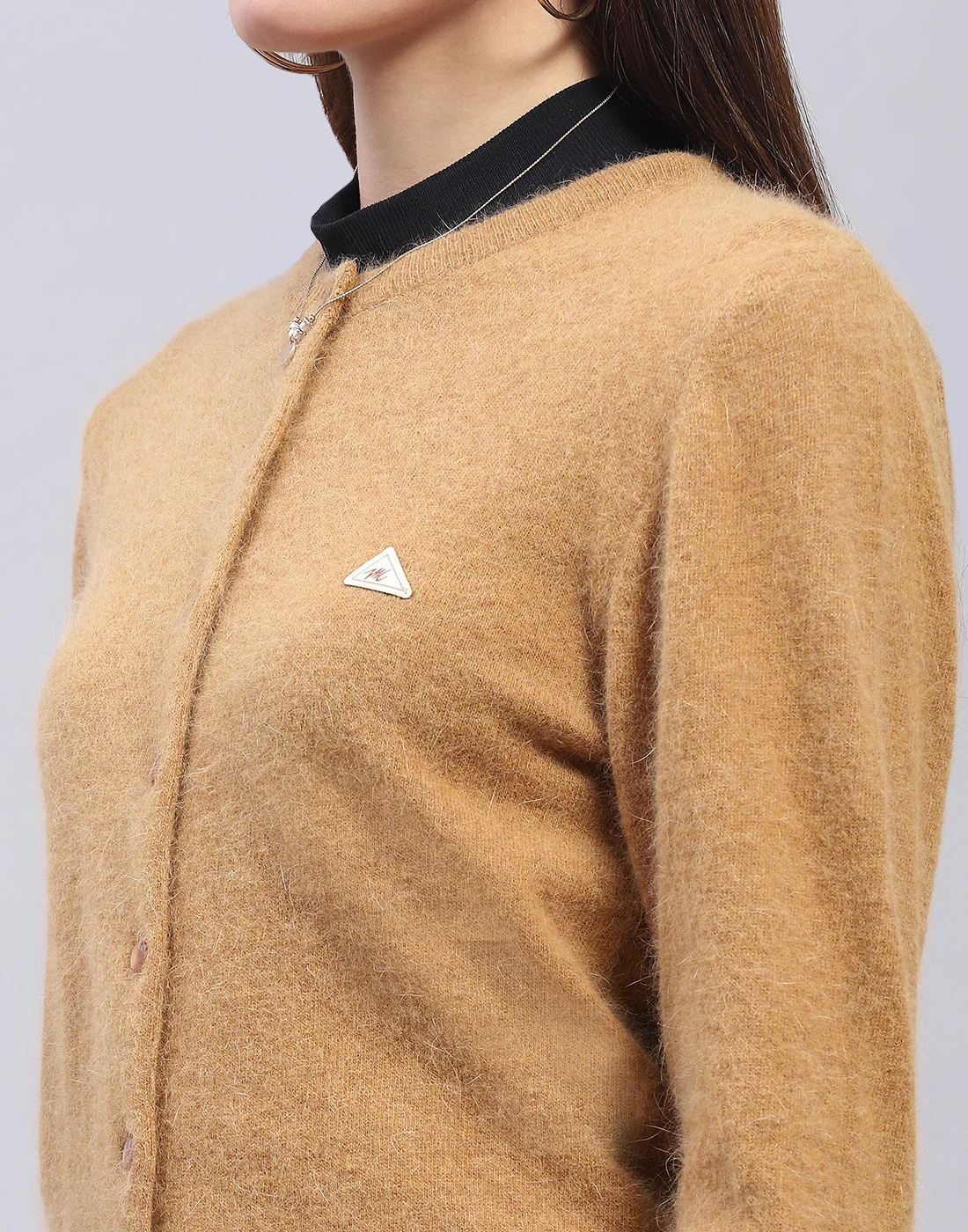 Women Brown Solid Round Neck Full Sleeve Cardigan - Image 6
