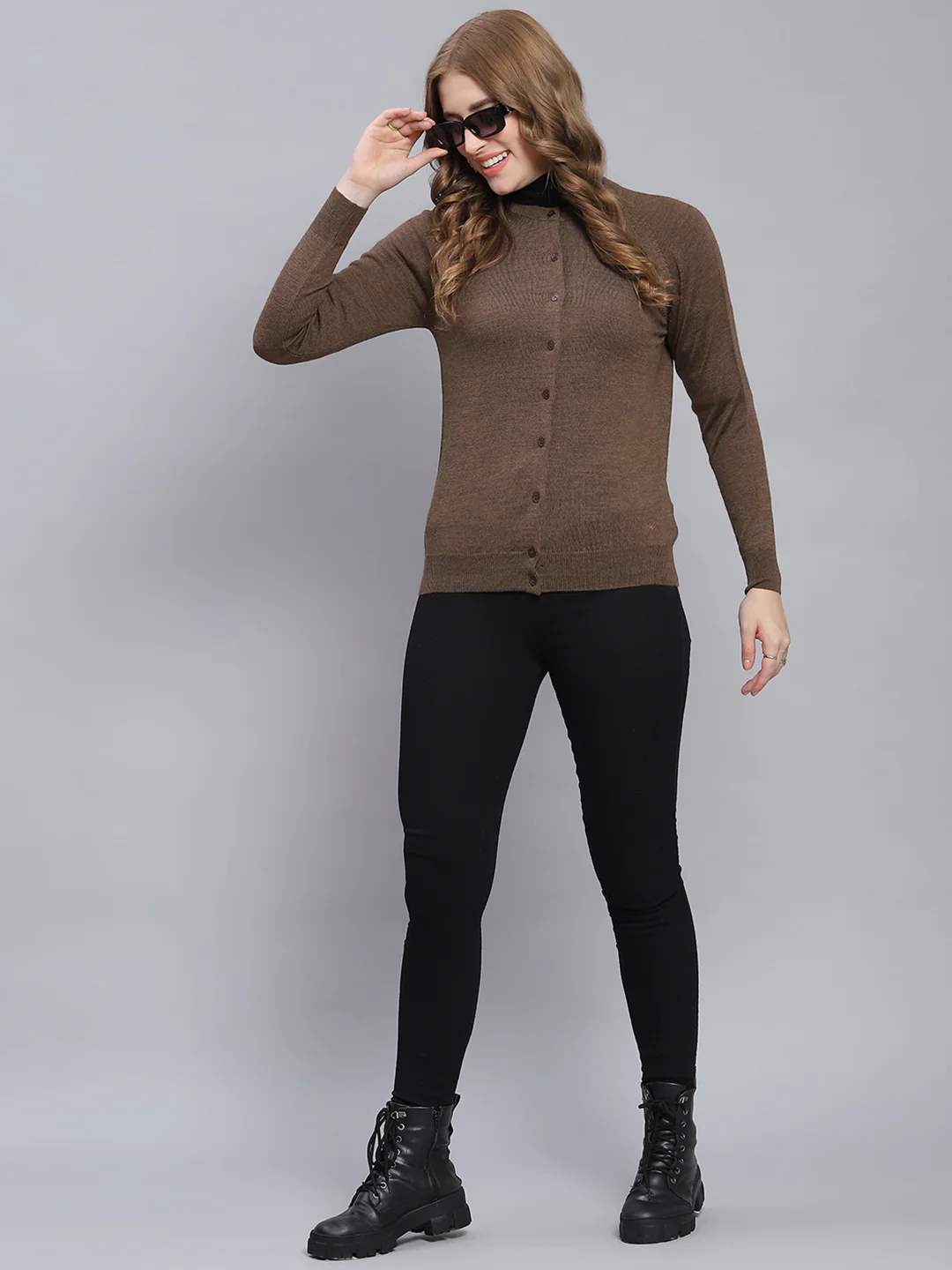 Women Brown Solid Round Neck Full Sleeve Cardigan - Image 2