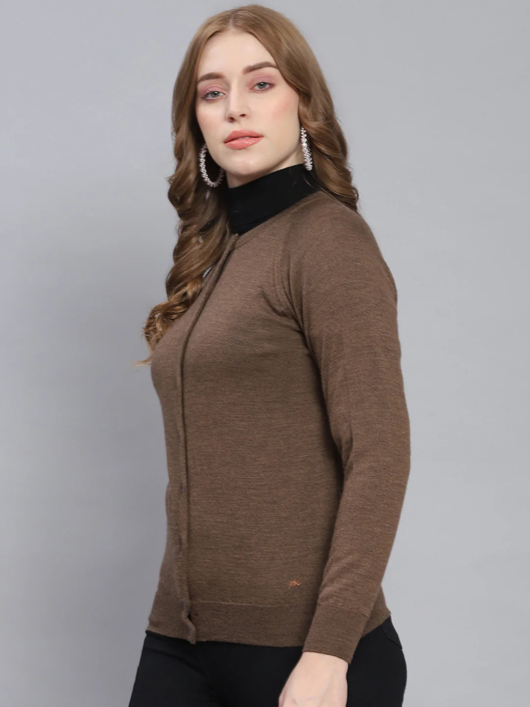 Women Brown Solid Round Neck Full Sleeve Cardigan - Image 3