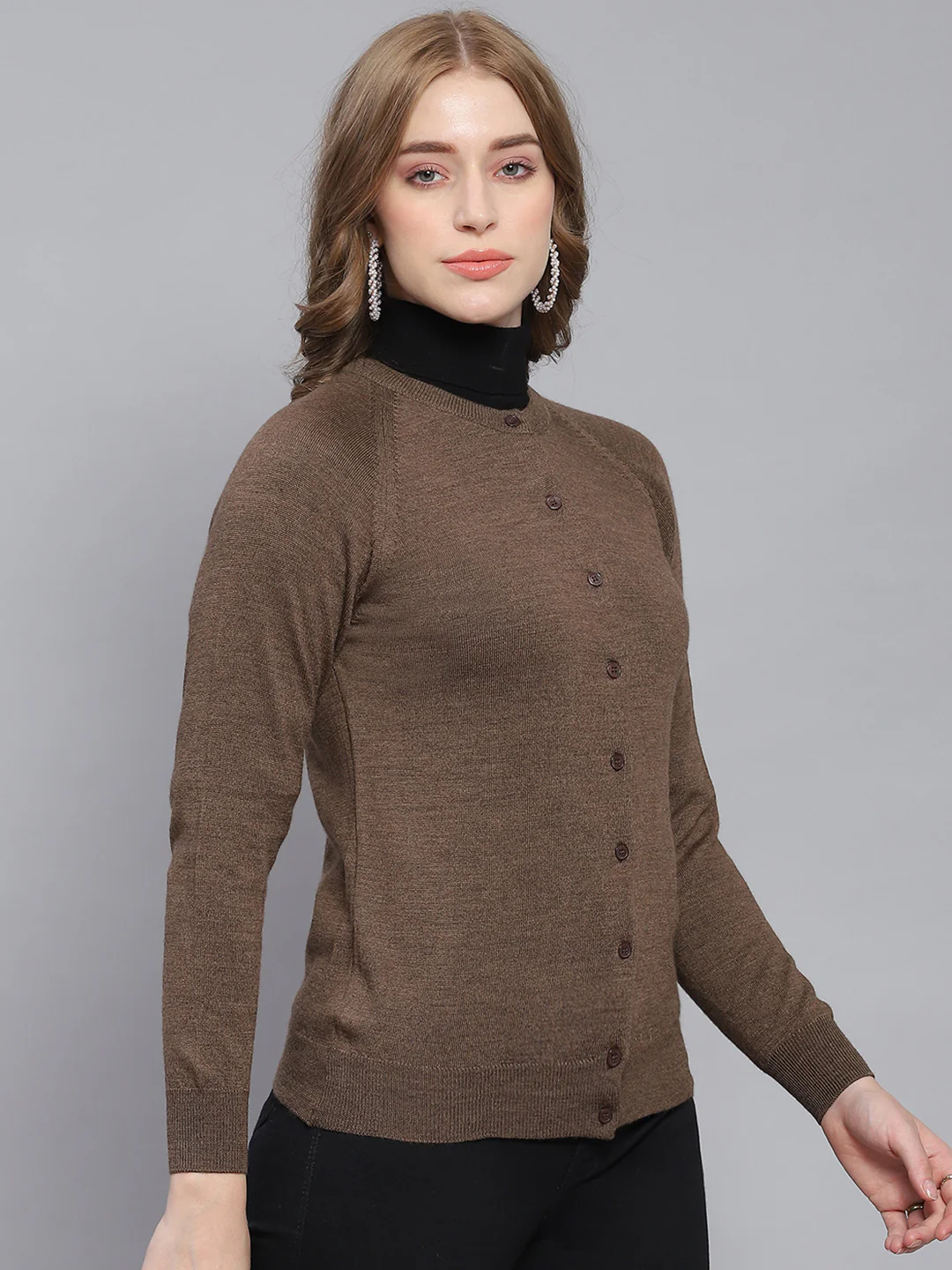 Women Brown Solid Round Neck Full Sleeve Cardigan - Image 4
