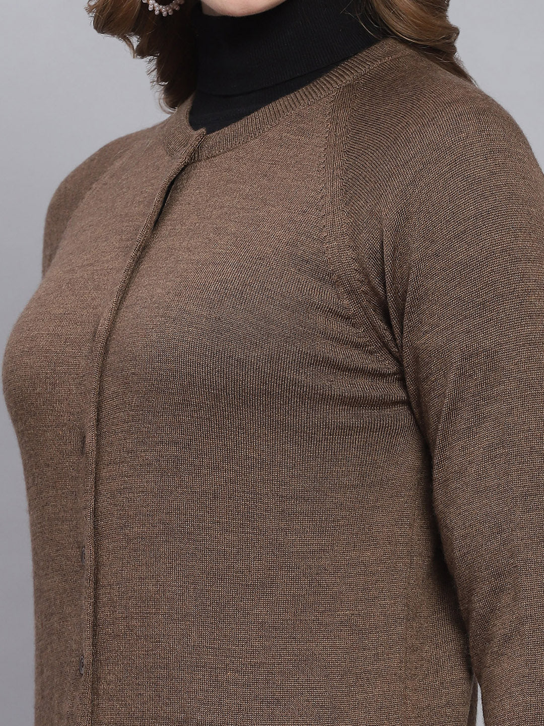 Women Brown Solid Round Neck Full Sleeve Cardigan - Image 6