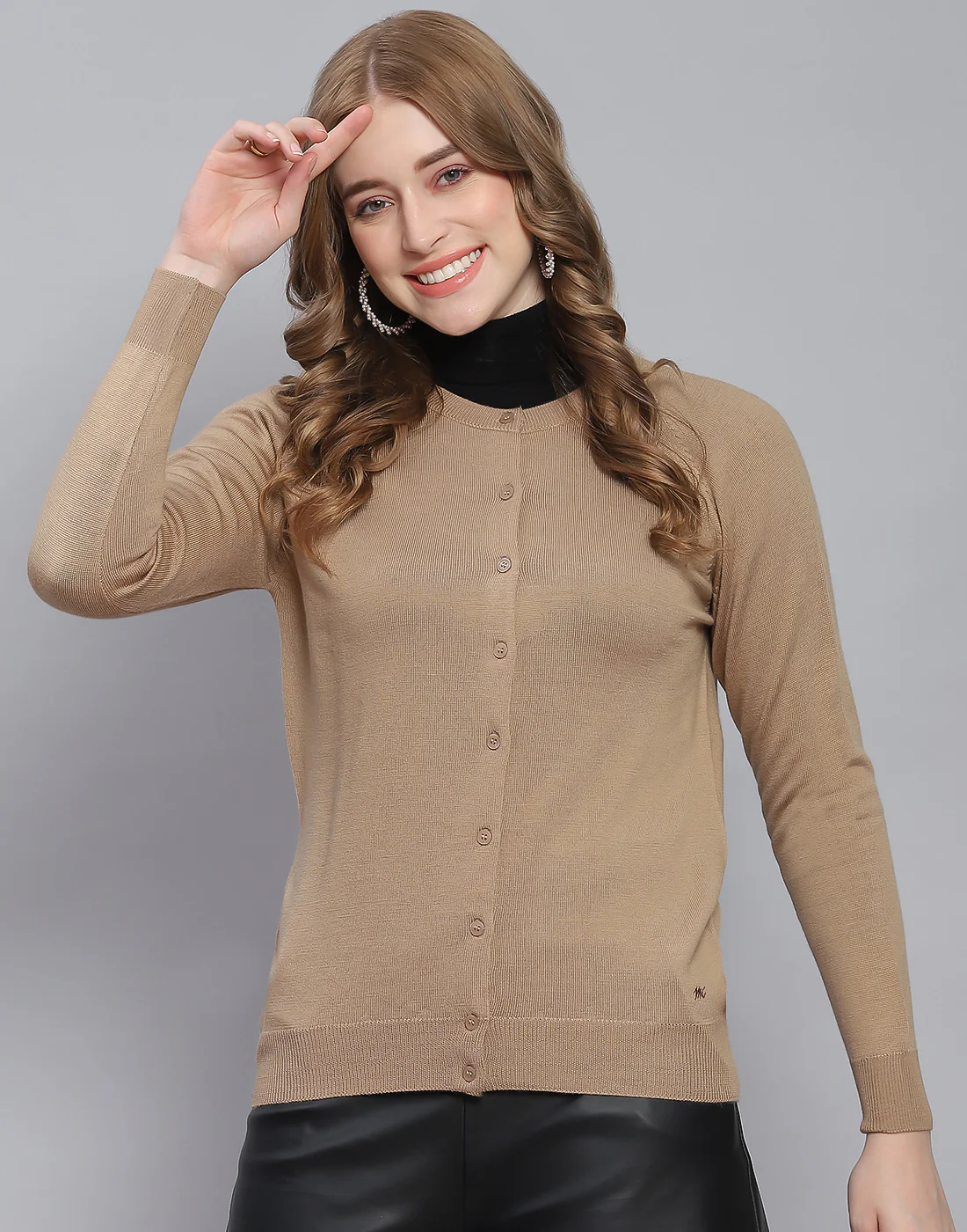 Women Brown Solid Round Neck Full Sleeve Cardigan - Image 2