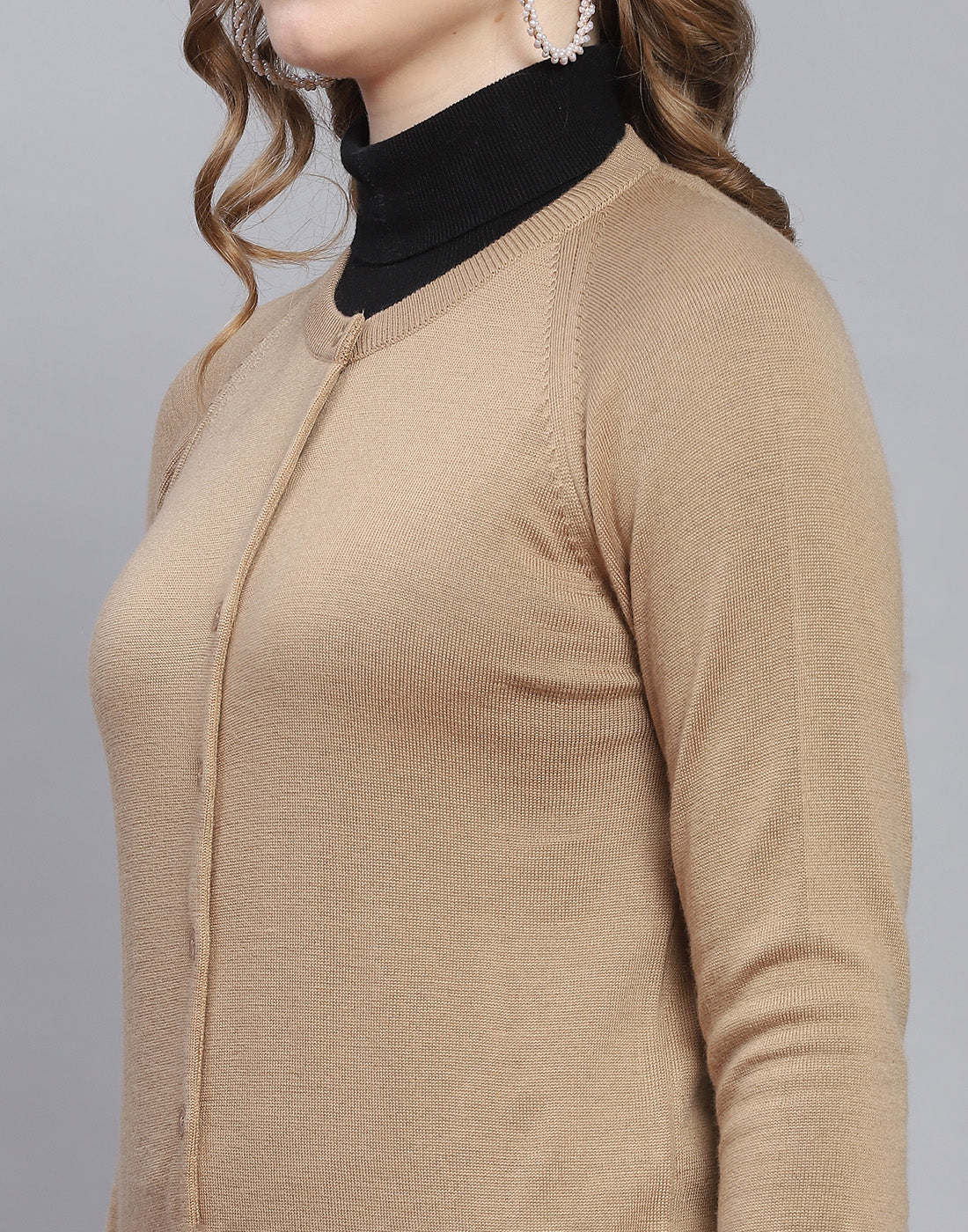 Women Brown Solid Round Neck Full Sleeve Cardigan - Image 6