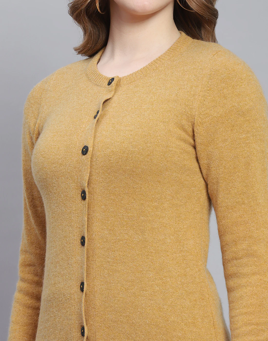 Women Brown Solid Round Neck Full Sleeve Cardigan - Image 6