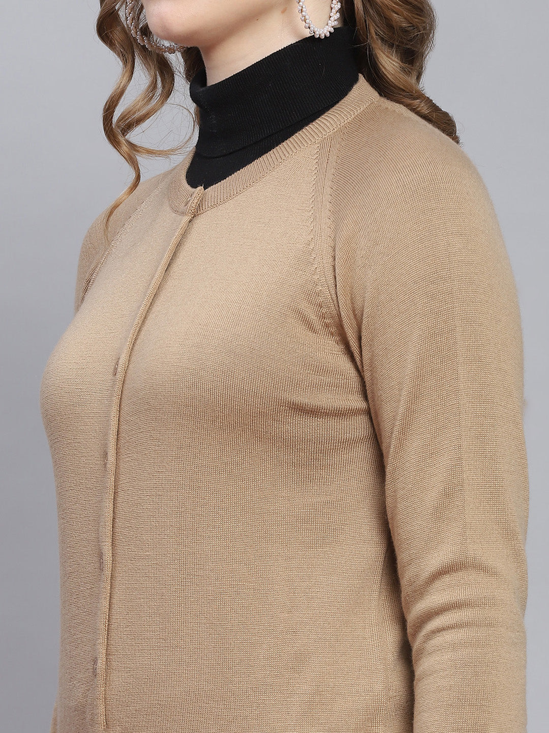 Women Brown Solid Round Neck Full Sleeve Cardigans - Image 6