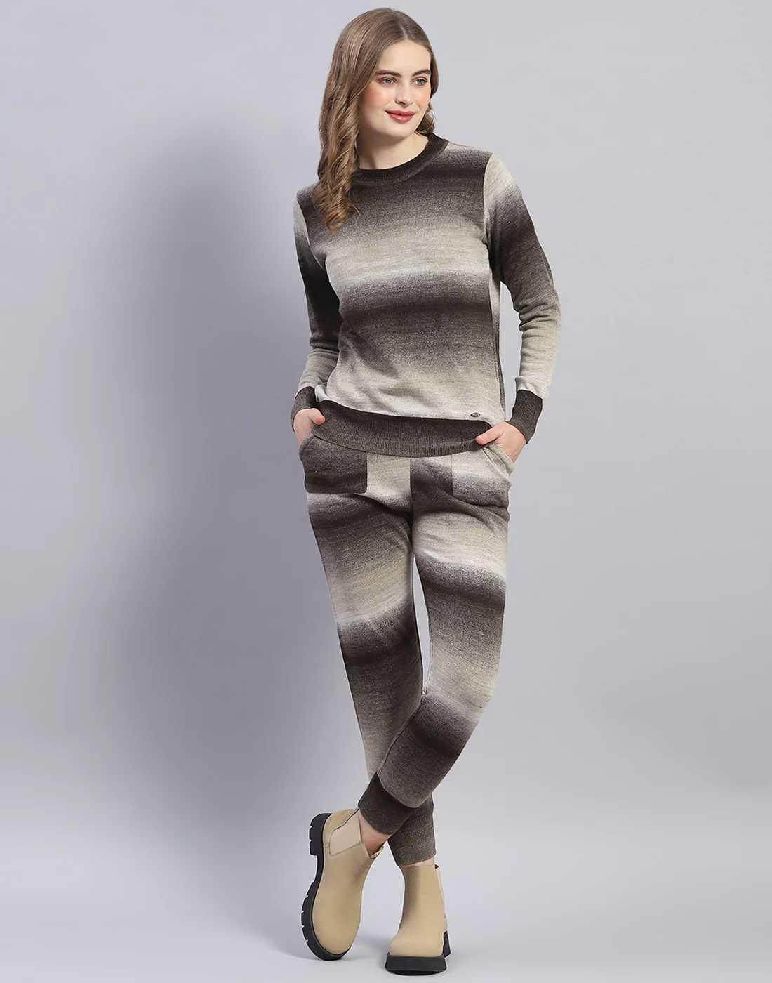 Women Brown Solid Round Neck Full Sleeve Cords Set - Image 2