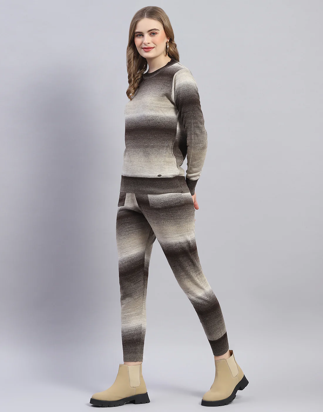 Women Brown Solid Round Neck Full Sleeve Cords Set - Image 3