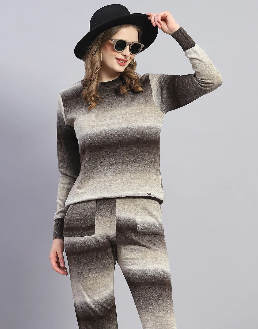 Women Brown Solid Round Neck Full Sleeve Cords Set - Image 6