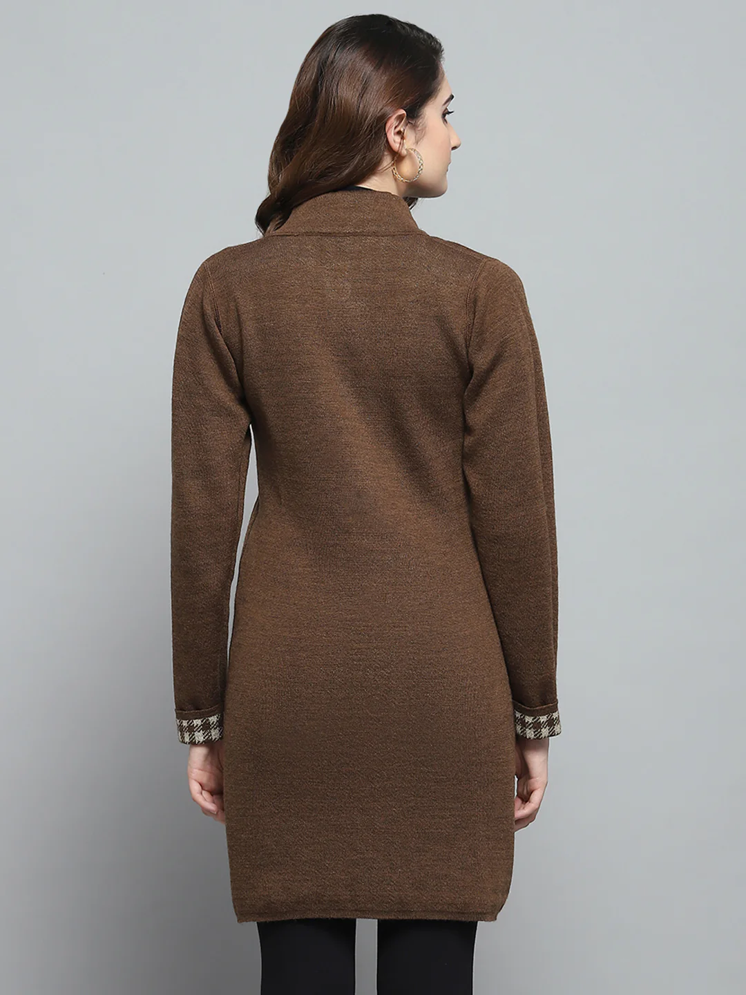 Women Brown Solid Round Neck Full Sleeve Knitted Coat - Image 9