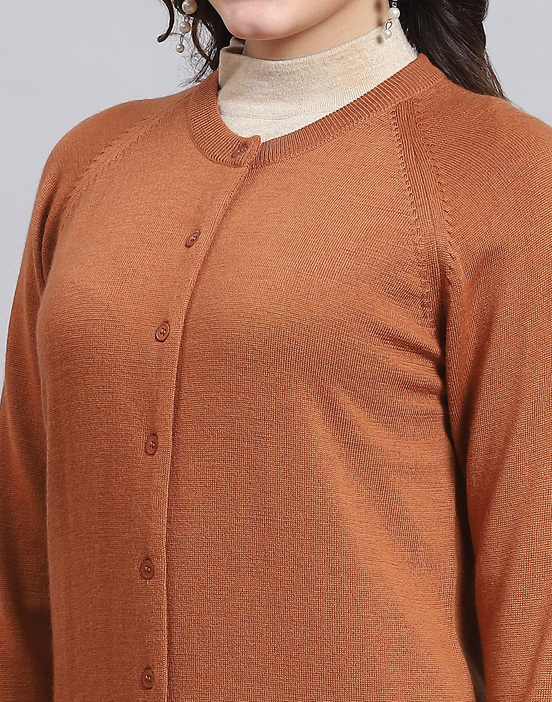 Women Brown Solid Round Neck Full Sleeve Sweater - Image 6