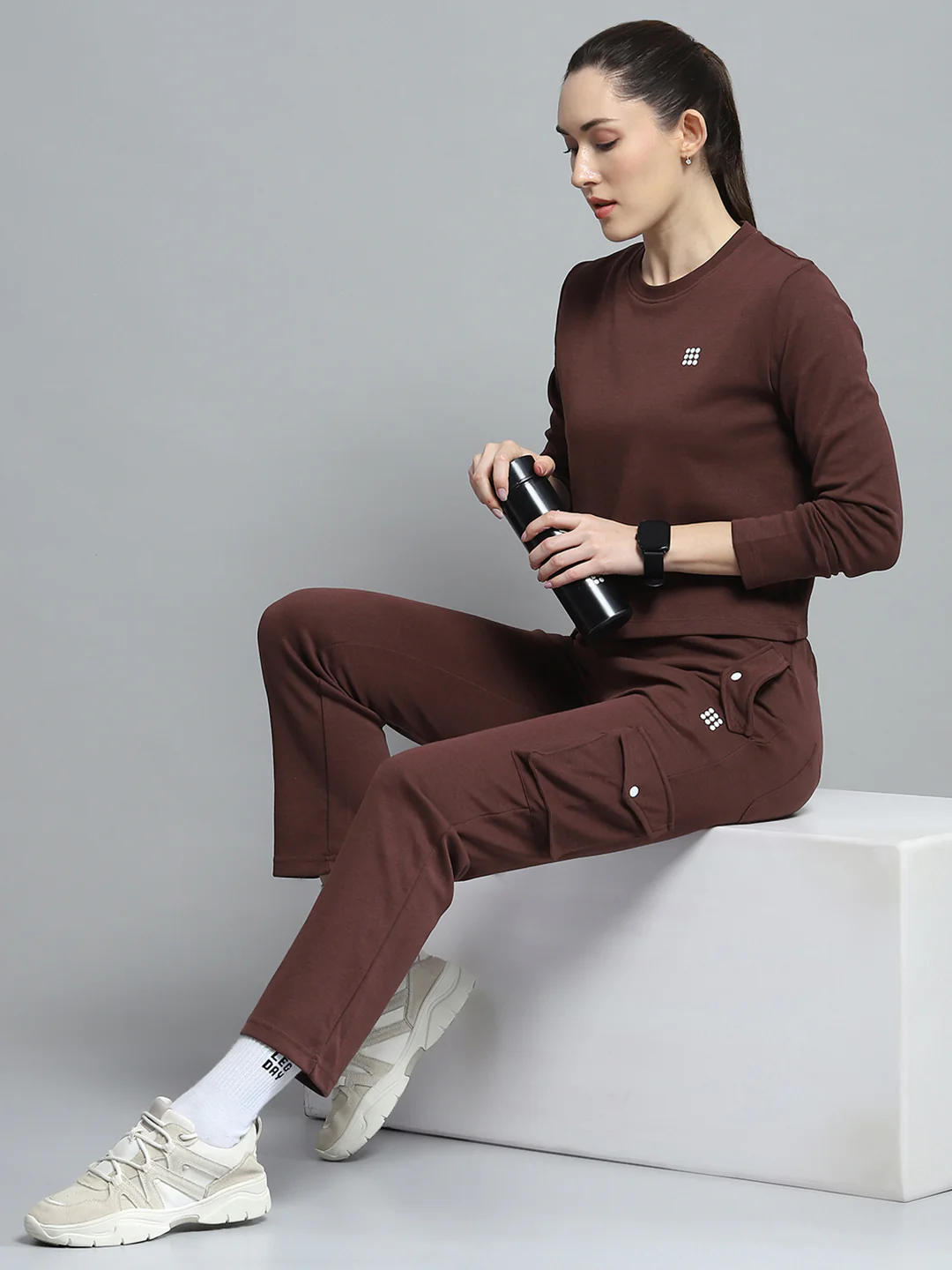 Rock.it Women Brown Solid Round Neck Full Sleeve Tracksuit - Image 2