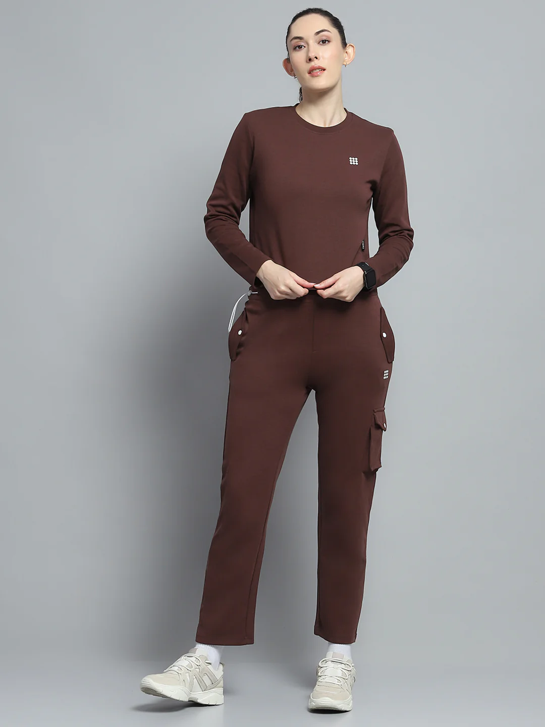 Rock.it Women Brown Solid Round Neck Full Sleeve Tracksuit - Image 6