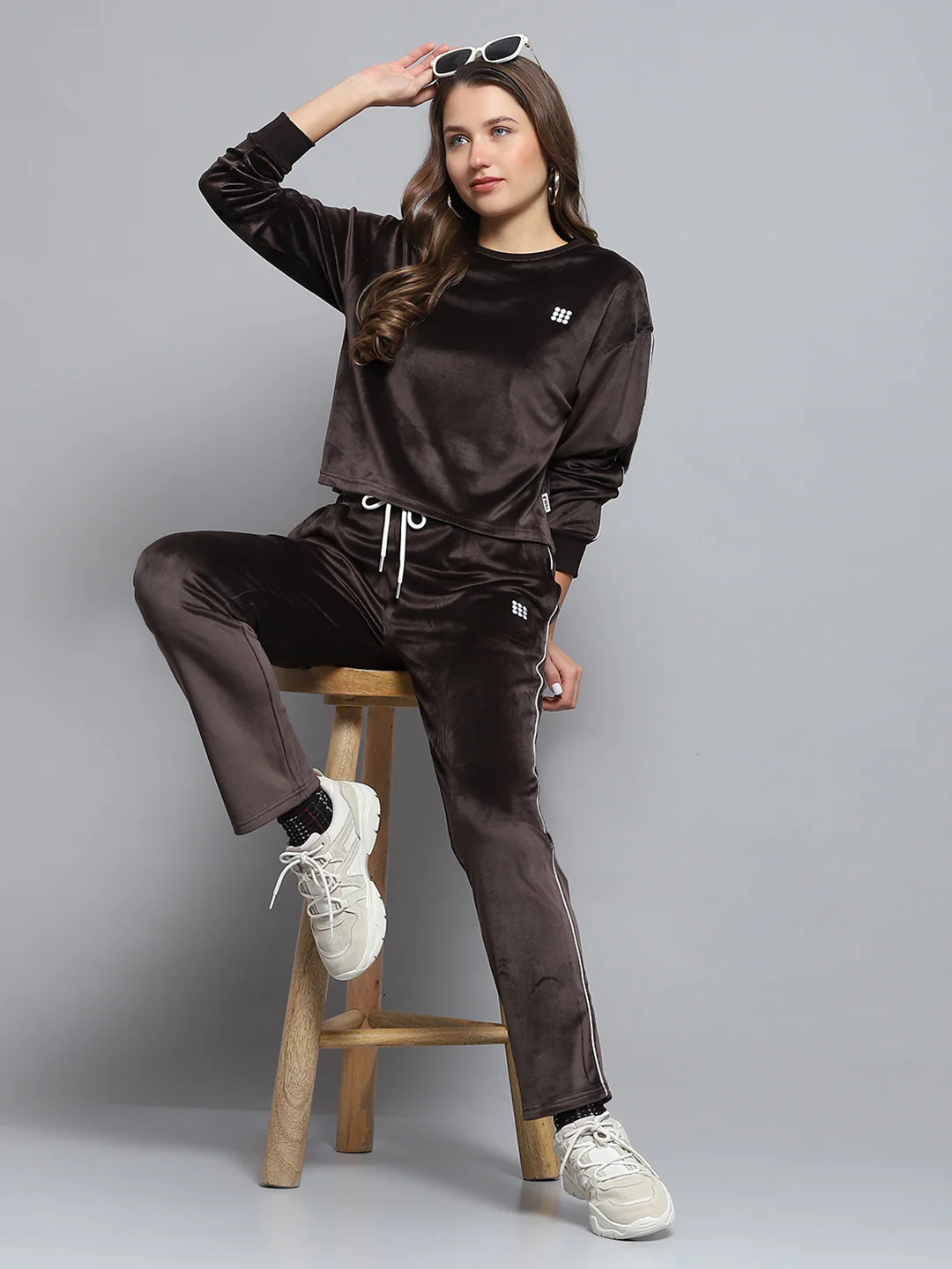 Rock.it Women Brown Solid Round Neck Full Sleeve Tracksuit - Image 2