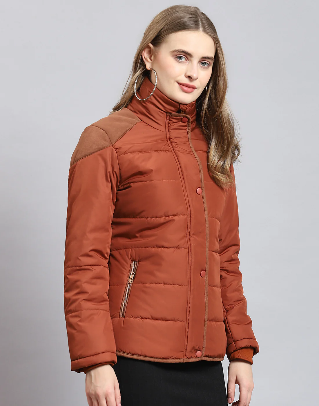 Women Brown Solid Stand Collar Full Sleeve Jacket - Image 4