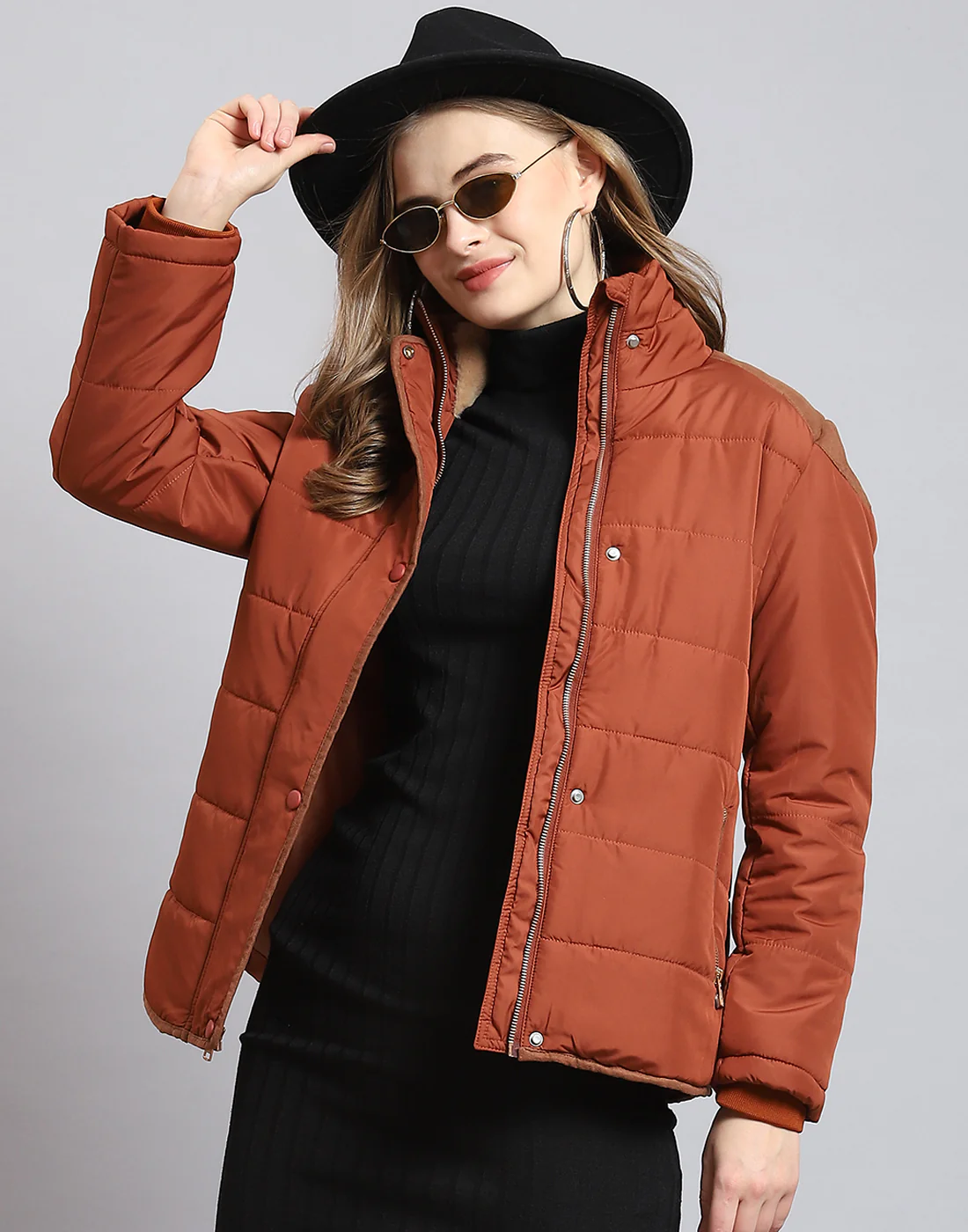 Women Brown Solid Stand Collar Full Sleeve Jacket - Image 6