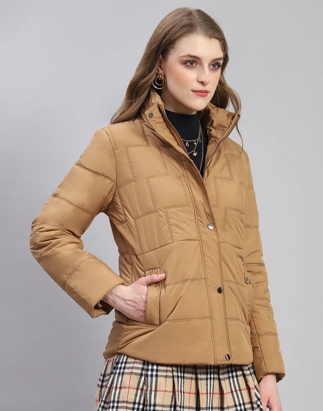 Women Brown Solid Stand Collar Full Sleeve Jacket - Image 4