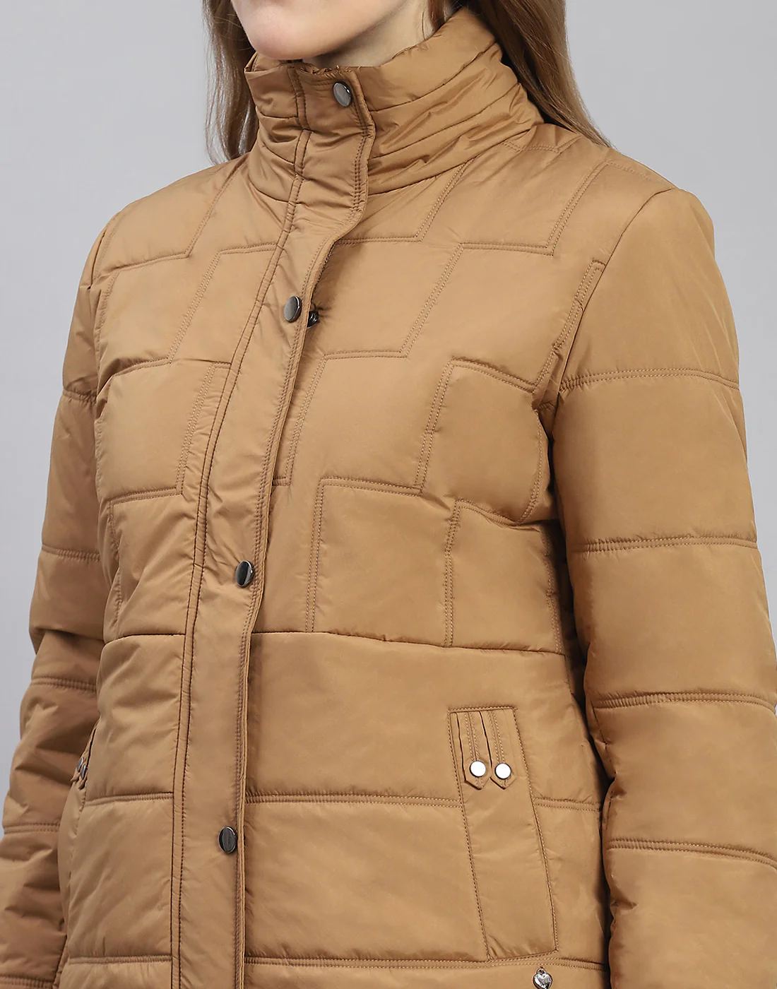 Women Brown Solid Stand Collar Full Sleeve Jacket - Image 6