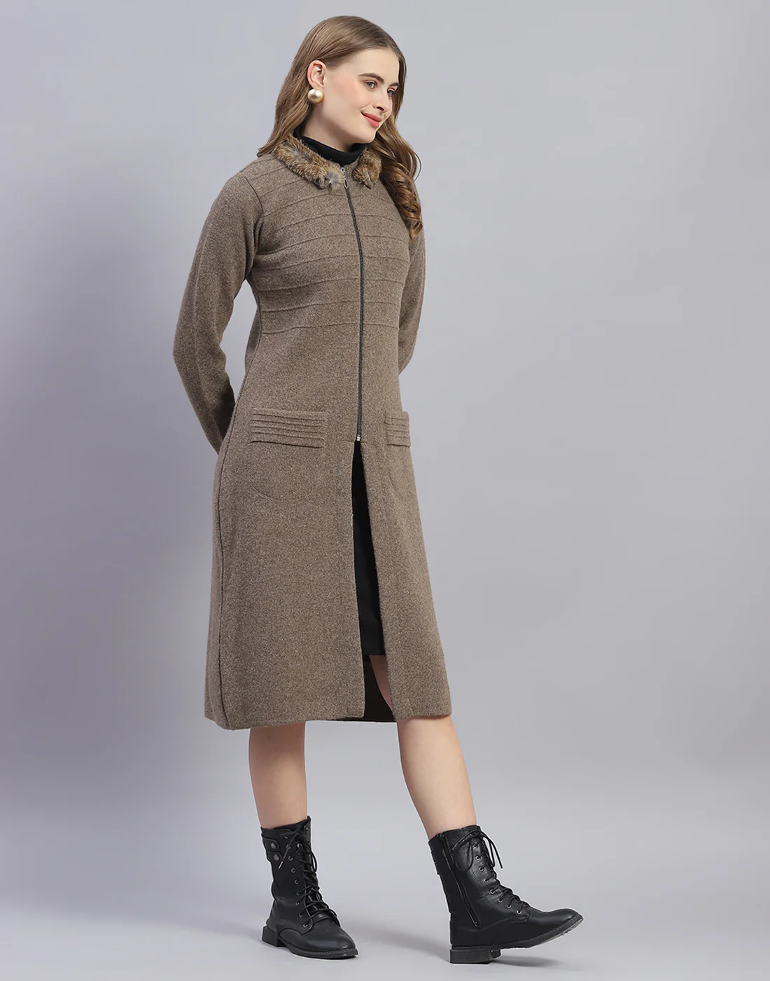 Women Brown Solid Stand Collar Full Sleeve Sweater - Image 4