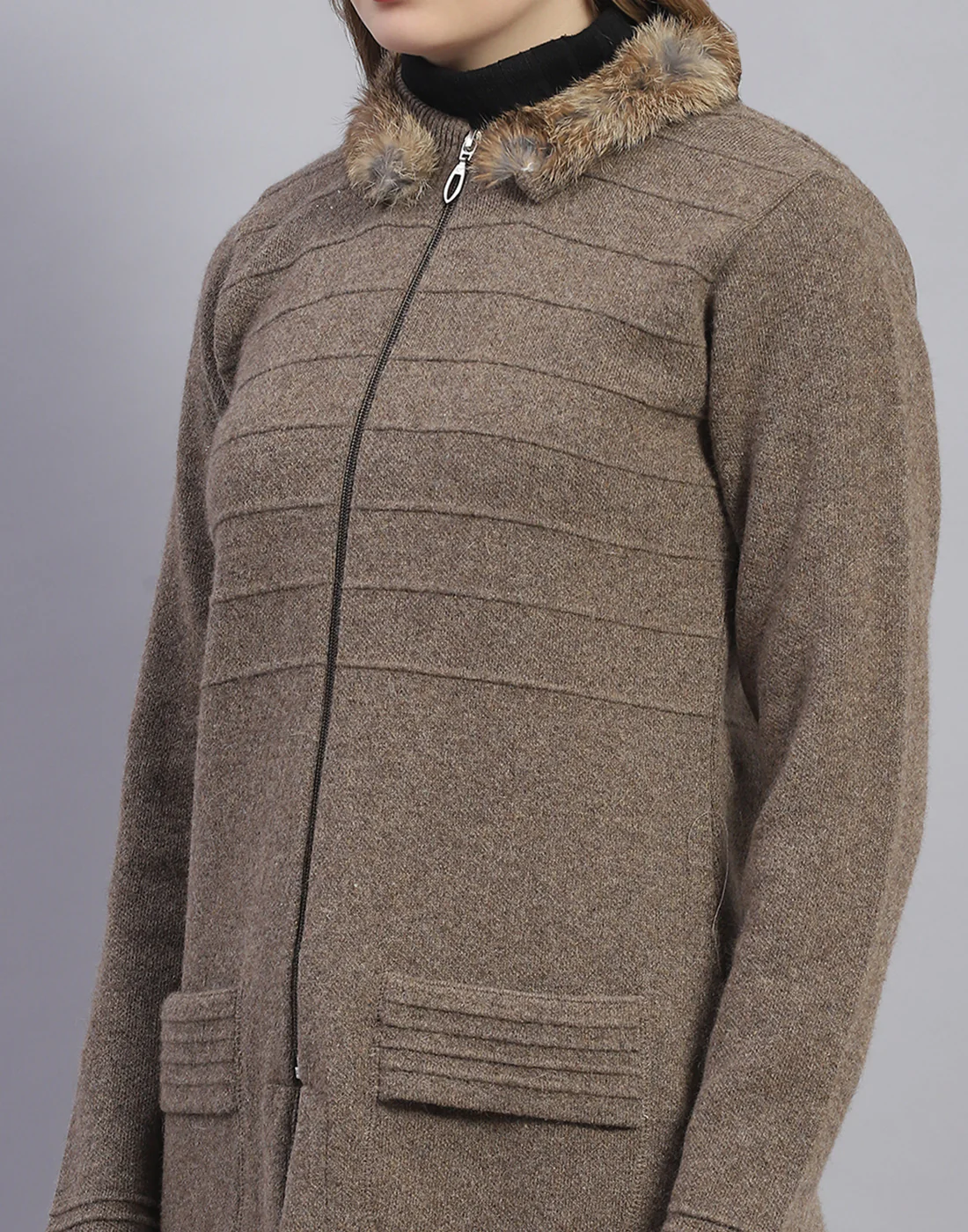 Women Brown Solid Stand Collar Full Sleeve Sweater - Image 8