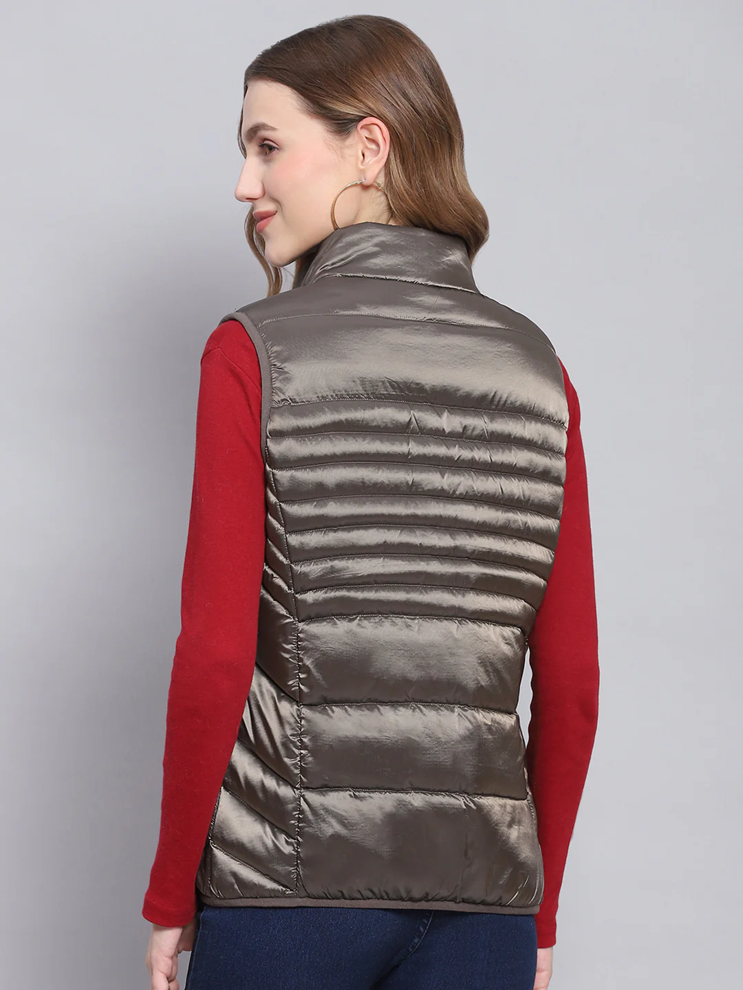 Women Brown Solid Stand Collar Sleeveless Jackets - Image 5