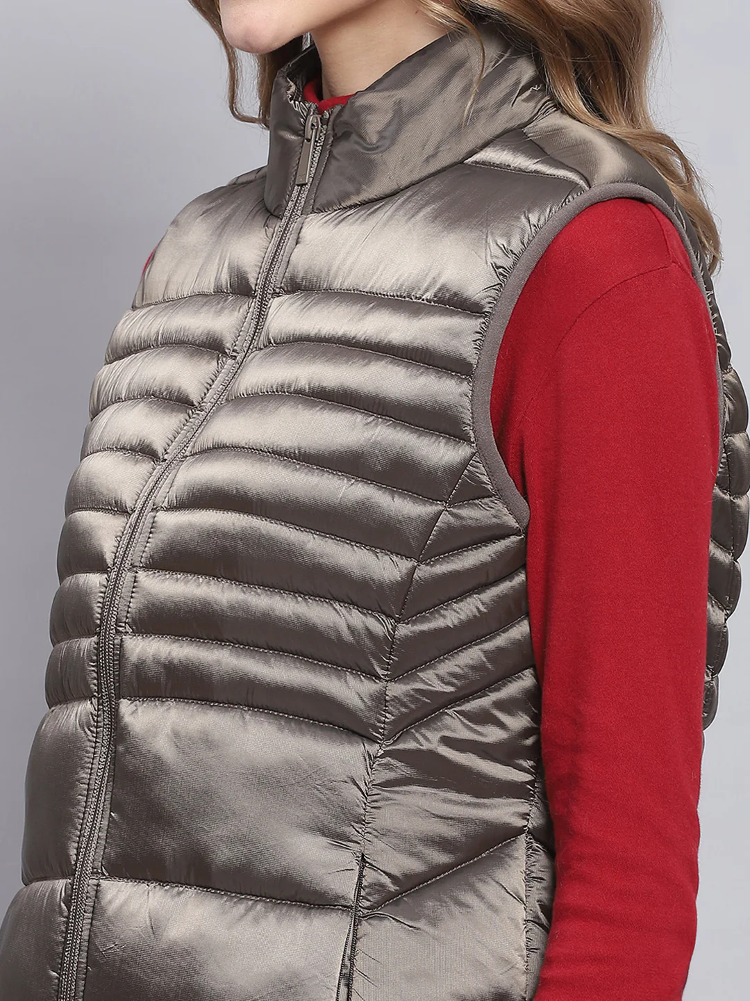 Women Brown Solid Stand Collar Sleeveless Jackets - Image 6