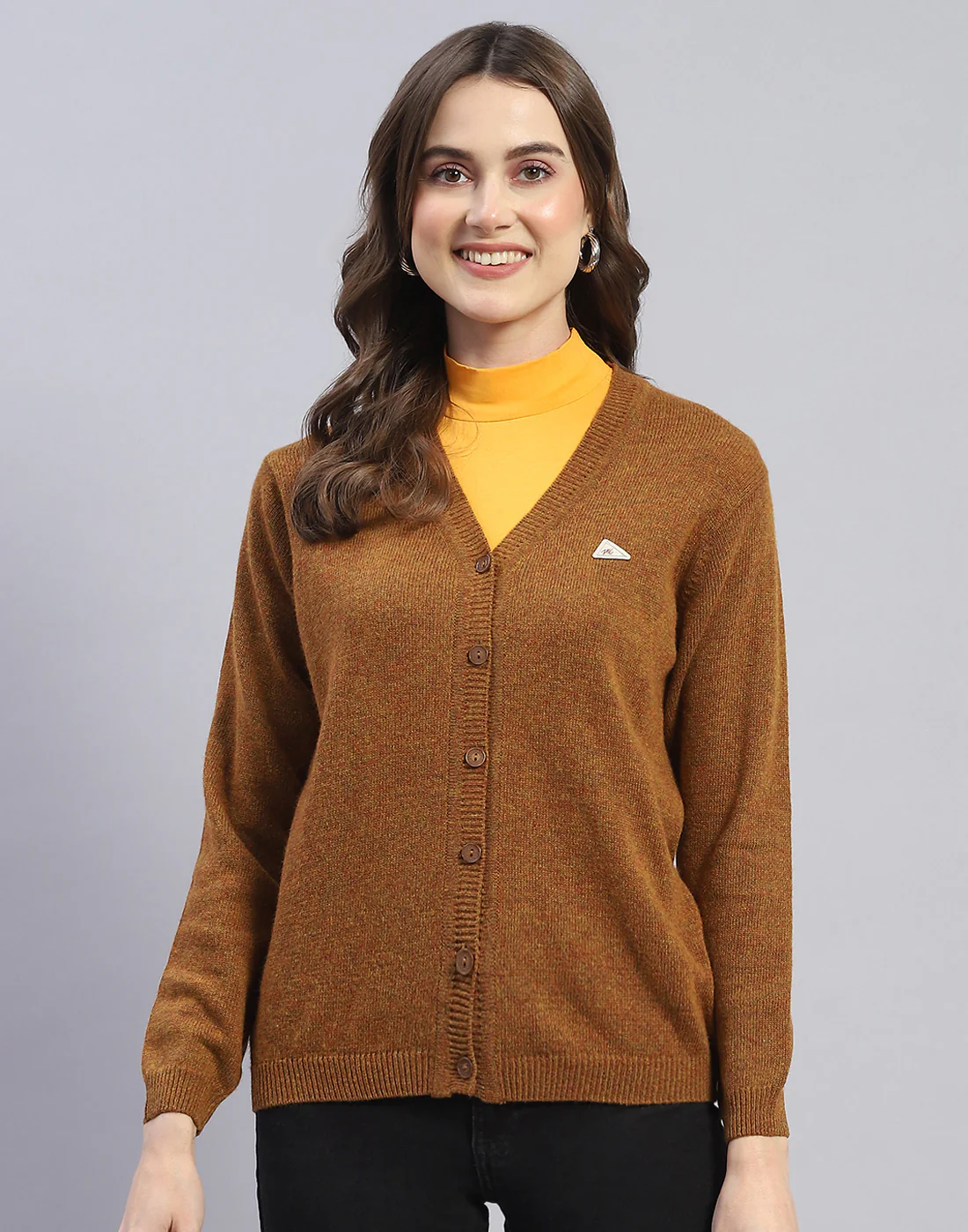 Women Brown Solid V Neck Full Sleeve Cardigan - Image 2