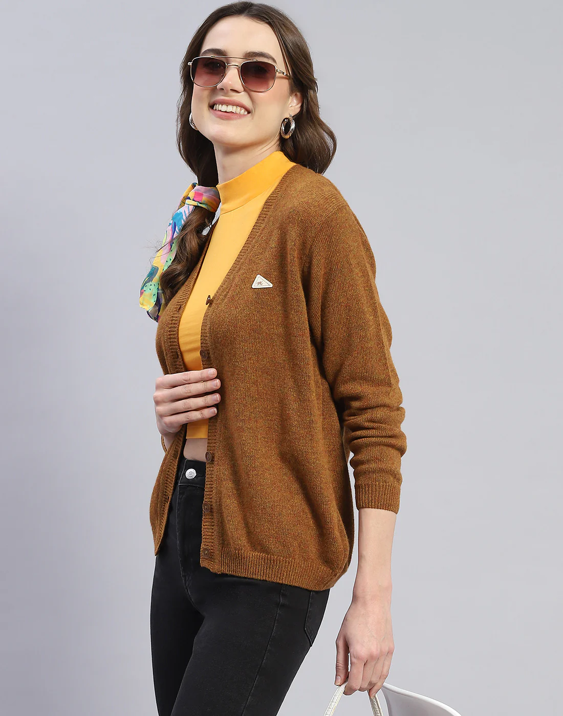 Women Brown Solid V Neck Full Sleeve Cardigan - Image 6