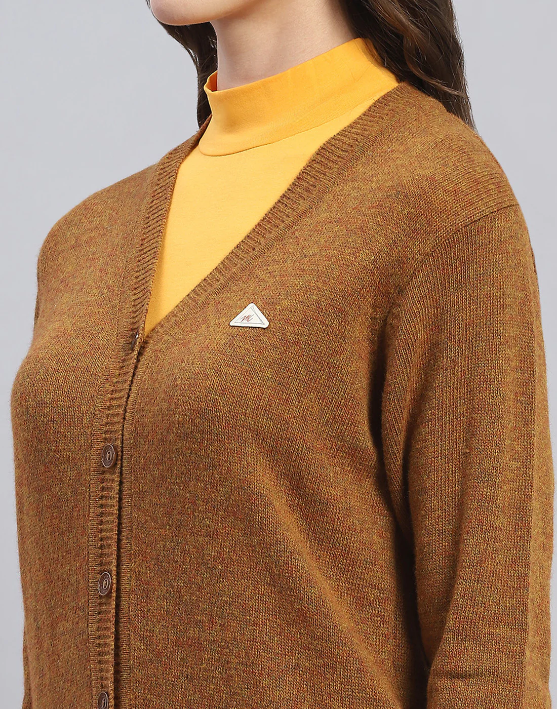 Women Brown Solid V Neck Full Sleeve Cardigan - Image 7