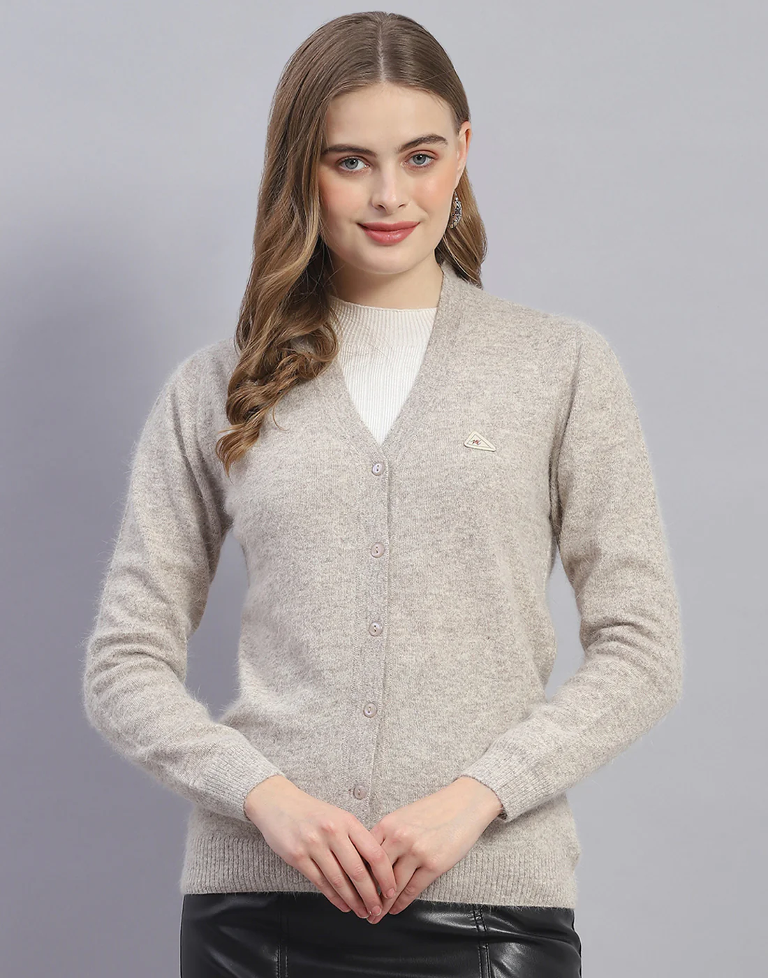 Women Brown Solid V Neck Full Sleeve Cardigan - Image 2