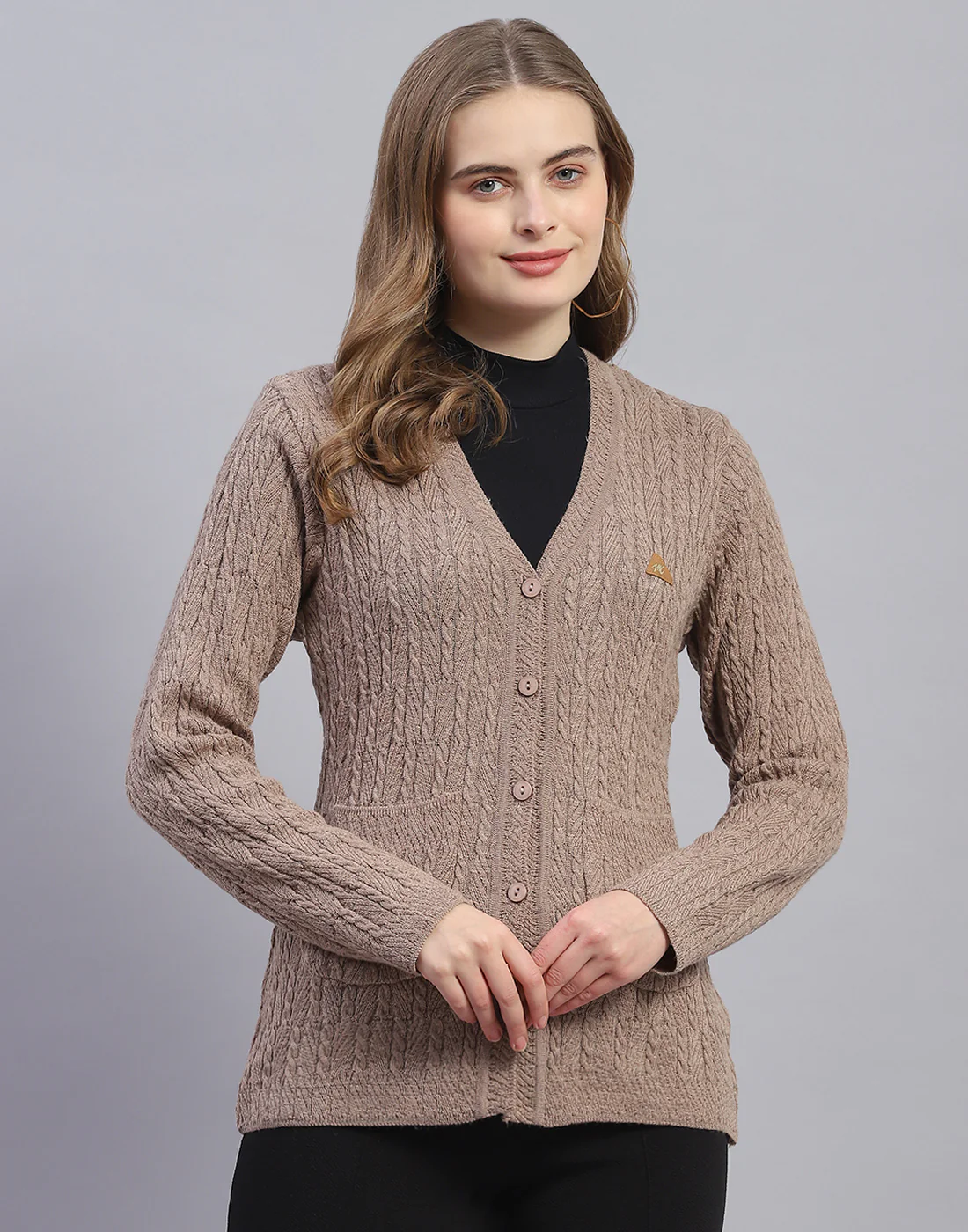 Women Brown Solid V Neck Full Sleeve Cardigan - Image 2