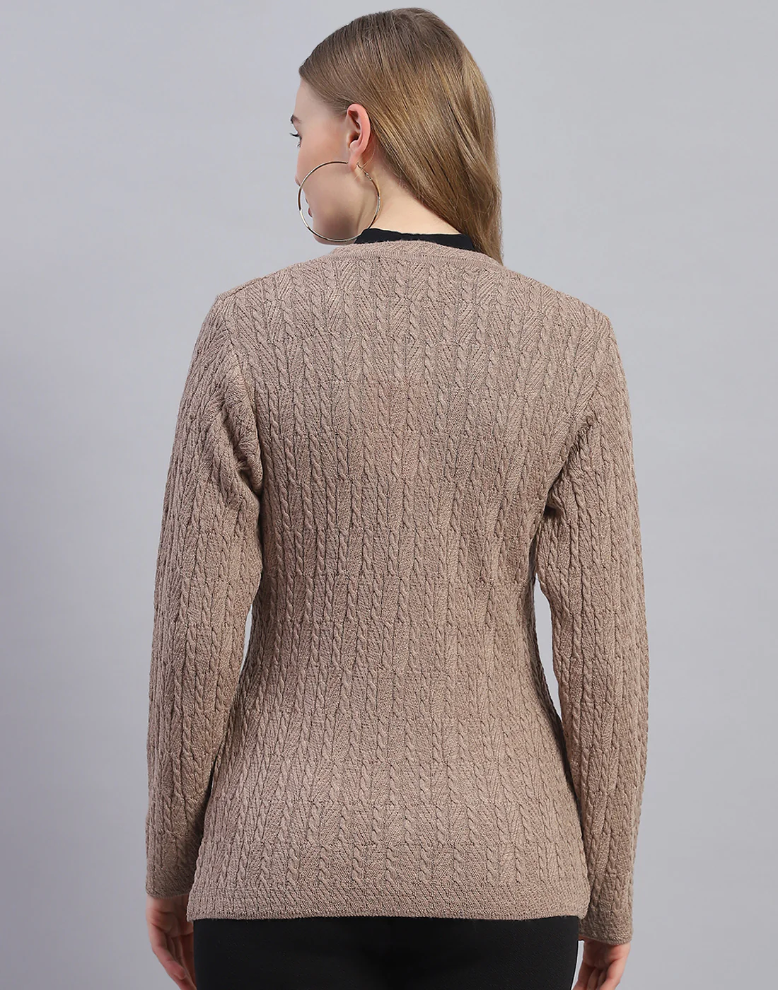Women Brown Solid V Neck Full Sleeve Cardigan - Image 5