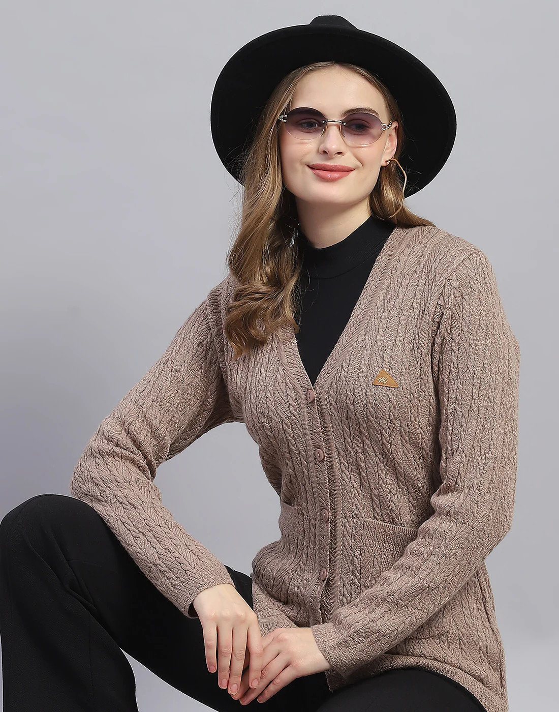Women Brown Solid V Neck Full Sleeve Cardigan - Image 6