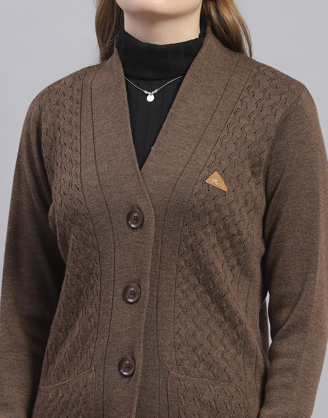 Women Brown Solid V Neck Full Sleeve Cardigan - Image 7